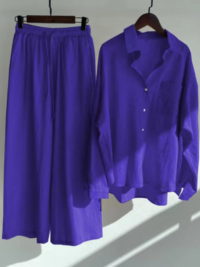 Fashion Casual γυναικείο βαμβακερό λινό πουκάμισο Ψηλόμεσο φαρδύ παντελόνι σετ δύο τεμαχίων Γυναικεία ρούχα Γυναικεία ρούχα