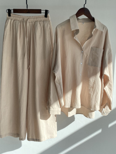 Fashion Casual γυναικείο βαμβακερό λινό πουκάμισο Ψηλόμεσο φαρδύ παντελόνι σετ δύο τεμαχίων Γυναικεία ρούχα Γυναικεία ρούχα