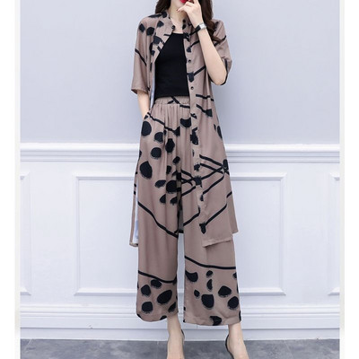 Cardigan cu un singur piept pentru femeie de modă vintage Top cu jumătate de mânecă imprimat Set din două piese Seturi casual de pantaloni cu picioare largi Îmbrăcăminte pentru femei