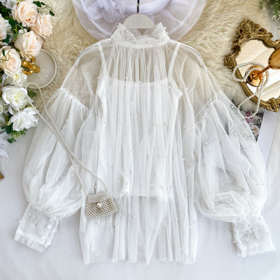 Plus veličina 2019. Ženska majica s lanternastim rukavima Jesensko proljeće Bluza s perlama Elegantna bluza Šifonska čipkana biserna košulja