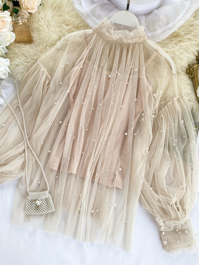 Plus veličina 2019. Ženska majica s lanternastim rukavima Jesensko proljeće Bluza s perlama Elegantna bluza Šifonska čipkana biserna košulja