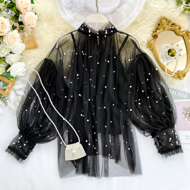 Plus veličina 2019. Ženska majica s lanternastim rukavima Jesensko proljeće Bluza s perlama Elegantna bluza Šifonska čipkana biserna košulja