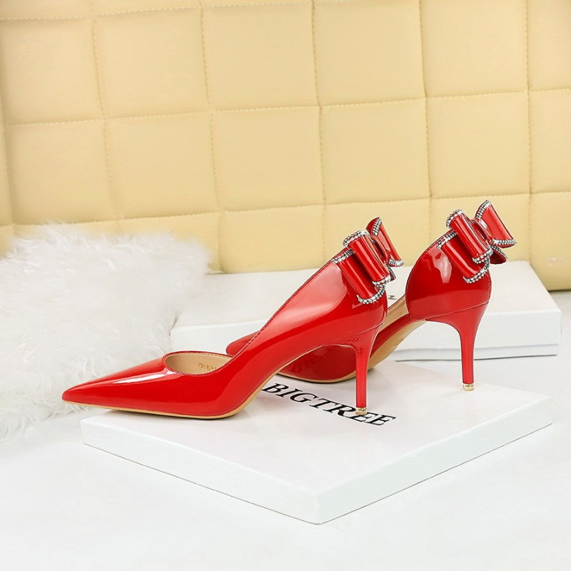 BIGTREE Kingad Naiste Pumbad Mood Liblikasõlm Terava varbaga lakknahk 7cm Õhukesed kõrged kontsad Sweet Pumps Naiste kingad mustad