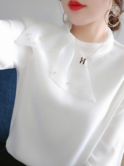 Proljetna, elegantna modna ženska šal, ovratnik, šifonska košulja s perlama, korejski temperament, široka bluza dugih rukava, ležerne majice