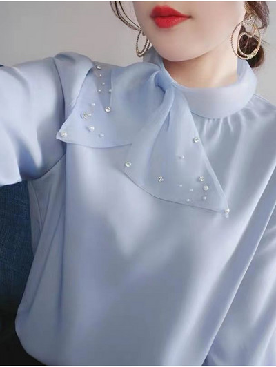 Proljetna, elegantna modna ženska šal, ovratnik, šifonska košulja s perlama, korejski temperament, široka bluza dugih rukava, ležerne majice