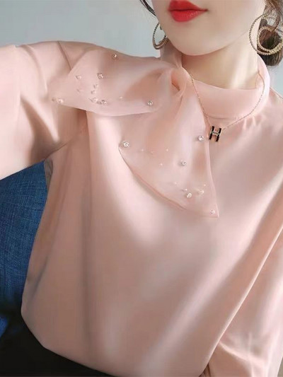 Proljetna, elegantna modna ženska šal, ovratnik, šifonska košulja s perlama, korejski temperament, široka bluza dugih rukava, ležerne majice