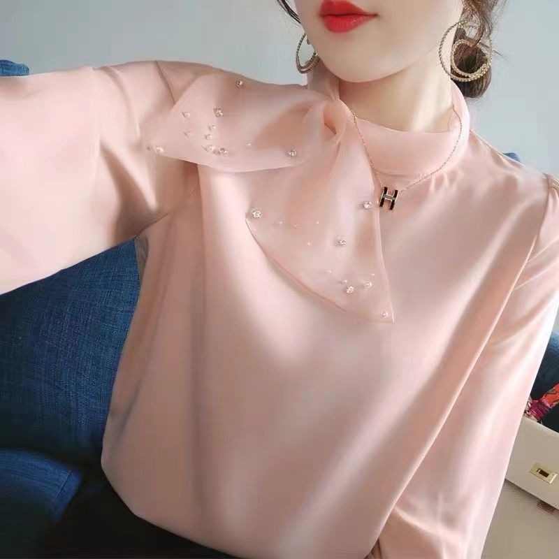 Proljetna, elegantna modna ženska šal, ovratnik, šifonska košulja s perlama, korejski temperament, široka bluza dugih rukava, ležerne majice