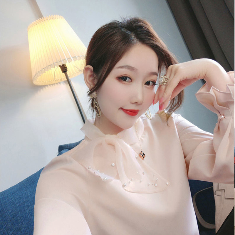 Proljetna, elegantna modna ženska šal, ovratnik, šifonska košulja s perlama, korejski temperament, široka bluza dugih rukava, ležerne majice