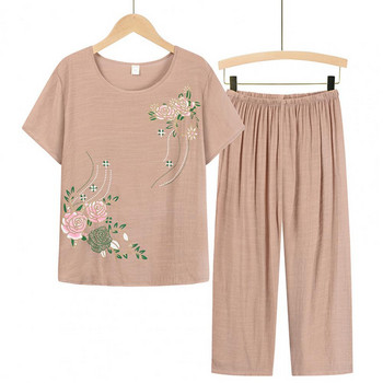 Комплект летни панталони от две части Дамски костюми с къс ръкав и елегантни флорални щампи Тениска Свободни комплекти панталони Облекло за средна възраст