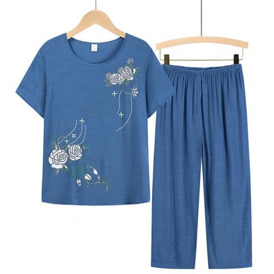 Комплект летни панталони от две части Дамски костюми с къс ръкав и елегантни флорални щампи Тениска Свободни комплекти панталони Облекло за средна възраст