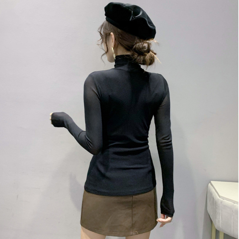 #8412 Jarné jesenné tričko s rolákom, dámske jednofarebné úzke tričko s rukávmi a falošným dvojdielnym rukávom v kórejskom štýle