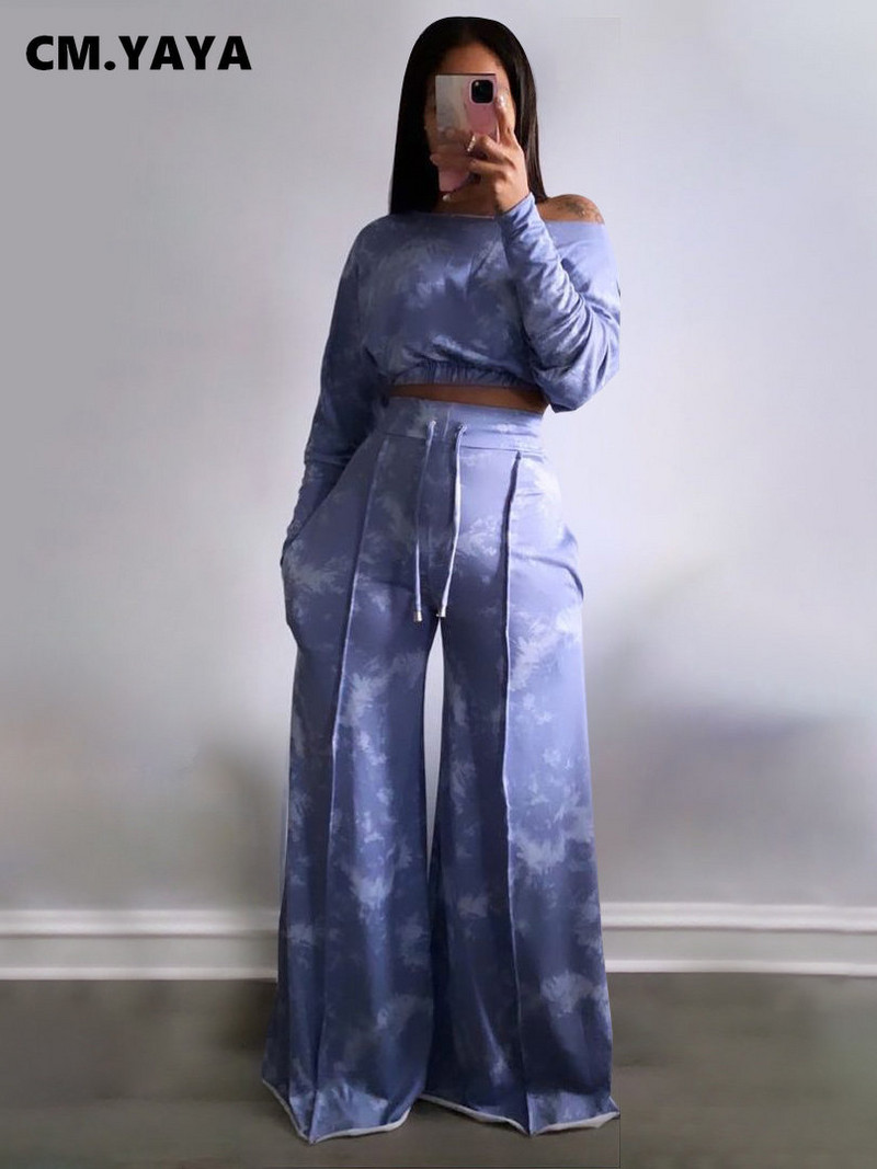 CM.YAYA Tie Dye ženska trenirka s otvorenim ramenima, majica dugih rukava i široke hlače u kombinaciji s dva 2 dijela, trenirka