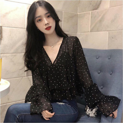 Ženske bluze s V-izrezom, seksi party, jednostavne sveobuhvatne majice s širokim rukavima, ženske ležerne kratke stilske točkice, elegantne košulje s volanima