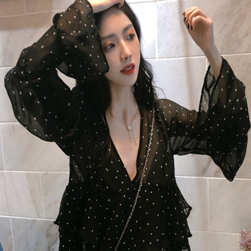 Ženske bluze s V-izrezom, seksi party, jednostavne sveobuhvatne majice s širokim rukavima, ženske ležerne kratke stilske točkice, elegantne košulje s volanima