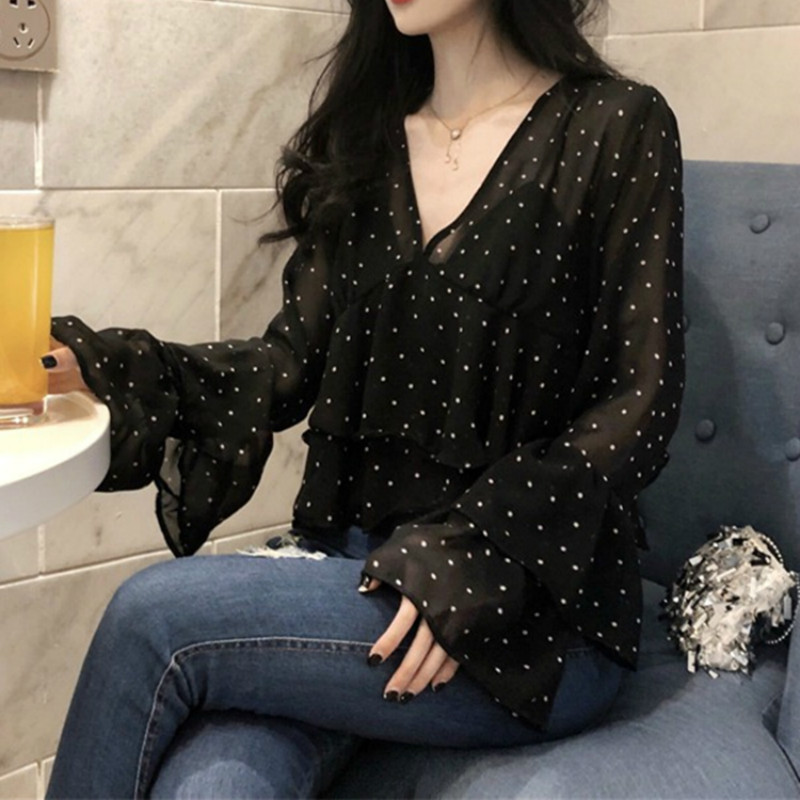 Ženske bluze s V-izrezom, seksi party, jednostavne sveobuhvatne majice s širokim rukavima, ženske ležerne kratke stilske točkice, elegantne košulje s volanima