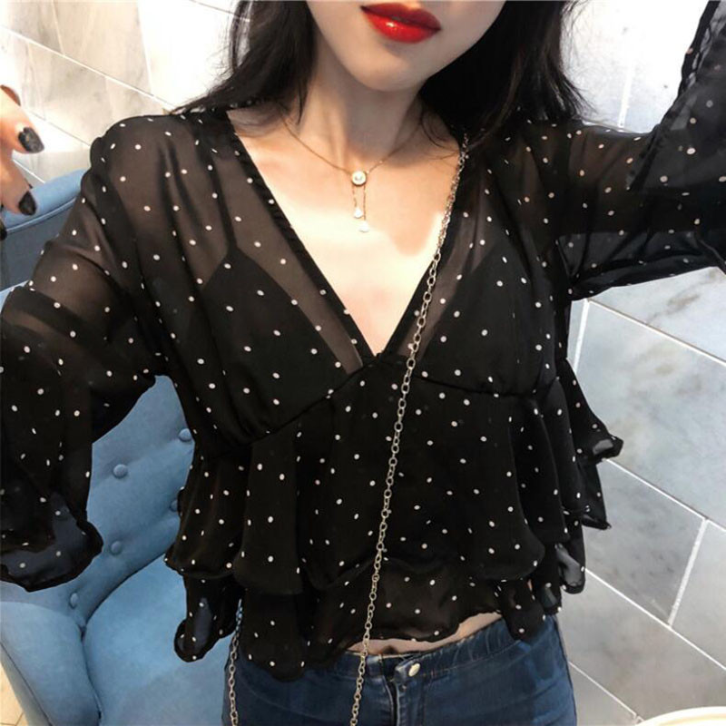 Ženske bluze s V-izrezom, seksi party, jednostavne sveobuhvatne majice s širokim rukavima, ženske ležerne kratke stilske točkice, elegantne košulje s volanima