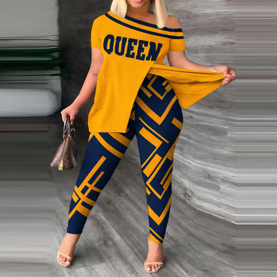 Dvodijelni set s printom na licu Komplet hlača s kratkim rukavima na jedno rame Seksi žensko odijelo Ulična trenirka Ženska košulja Top i hlače