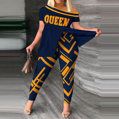 Dvodijelni set s printom na licu Komplet hlača s kratkim rukavima na jedno rame Seksi žensko odijelo Ulična trenirka Ženska košulja Top i hlače