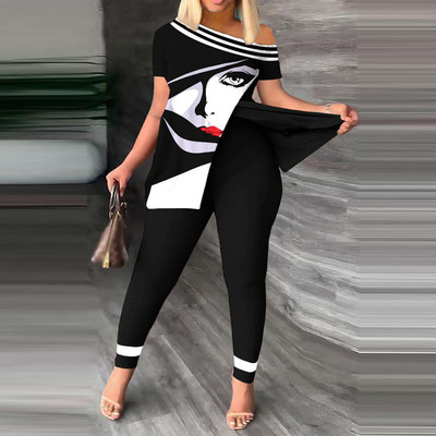 Dvodijelni set s printom na licu Komplet hlača s kratkim rukavima na jedno rame Seksi žensko odijelo Ulična trenirka Ženska košulja Top i hlače