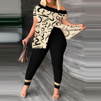 Dvodijelni set s printom na licu Komplet hlača s kratkim rukavima na jedno rame Seksi žensko odijelo Ulična trenirka Ženska košulja Top i hlače