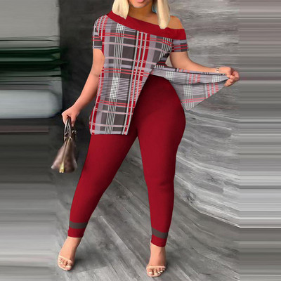 Dvodijelni set s printom na licu Komplet hlača s kratkim rukavima na jedno rame Seksi žensko odijelo Ulična trenirka Ženska košulja Top i hlače