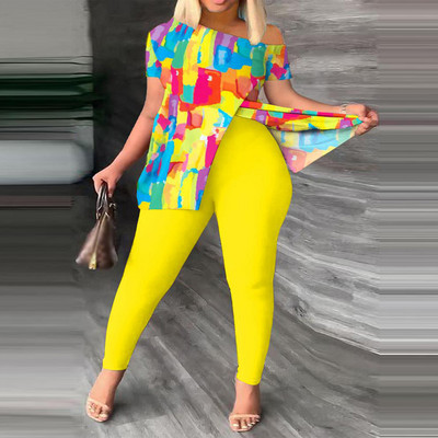 Dvodijelni set s printom na licu Komplet hlača s kratkim rukavima na jedno rame Seksi žensko odijelo Ulična trenirka Ženska košulja Top i hlače