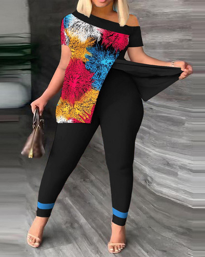 Dvodijelni set s printom na licu Komplet hlača s kratkim rukavima na jedno rame Seksi žensko odijelo Ulična trenirka Ženska košulja Top i hlače