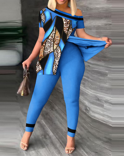 Dvodijelni set s printom na licu Komplet hlača s kratkim rukavima na jedno rame Seksi žensko odijelo Ulična trenirka Ženska košulja Top i hlače