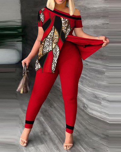 Dvodijelni set s printom na licu Komplet hlača s kratkim rukavima na jedno rame Seksi žensko odijelo Ulična trenirka Ženska košulja Top i hlače