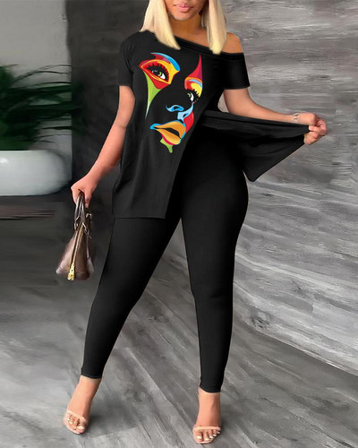 Dvodijelni set s printom na licu Komplet hlača s kratkim rukavima na jedno rame Seksi žensko odijelo Ulična trenirka Ženska košulja Top i hlače