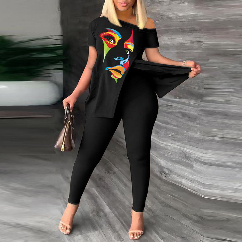 Dvodijelni set s printom na licu Komplet hlača s kratkim rukavima na jedno rame Seksi žensko odijelo Ulična trenirka Ženska košulja Top i hlače