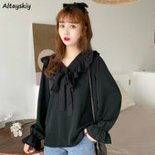 Naiste särgid Retro V-kaelusega Elegantne Bow Knot Flare Sleeve Kawaii Solid Pluusid 2020 Uus sügisene Korea stiilis lahtine vaba aeg iga päev