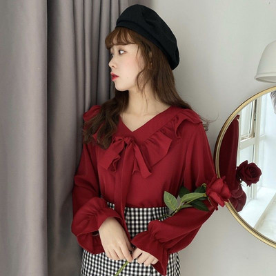 Naiste särgid Retro V-kaelusega Elegantne Bow Knot Flare Sleeve Kawaii Solid Pluusid 2020 Uus sügisene Korea stiilis lahtine vaba aeg iga päev