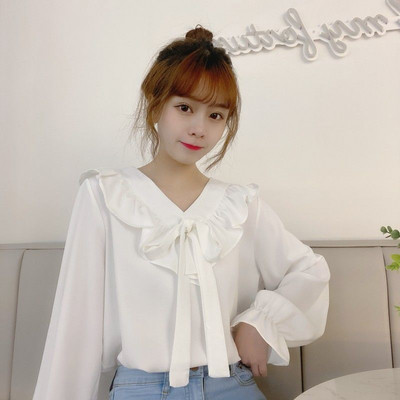 Naiste särgid Retro V-kaelusega Elegantne Bow Knot Flare Sleeve Kawaii Solid Pluusid 2020 Uus sügisene Korea stiilis lahtine vaba aeg iga päev