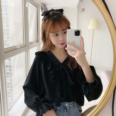 Naiste särgid Retro V-kaelusega Elegantne Bow Knot Flare Sleeve Kawaii Solid Pluusid 2020 Uus sügisene Korea stiilis lahtine vaba aeg iga päev