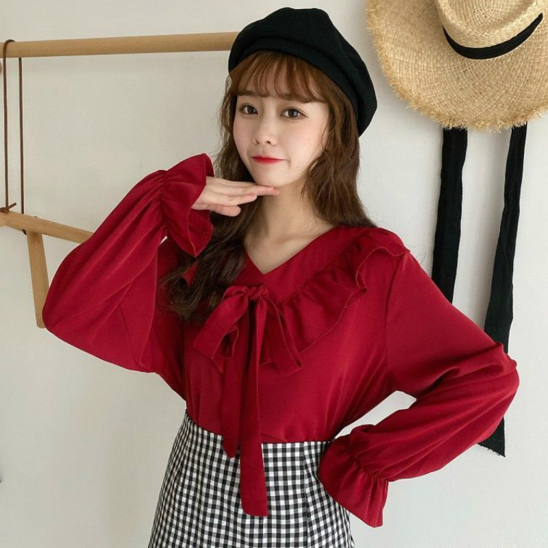 Naiste särgid Retro V-kaelusega Elegantne Bow Knot Flare Sleeve Kawaii Solid Pluusid 2020 Uus sügisene Korea stiilis lahtine vaba aeg iga päev