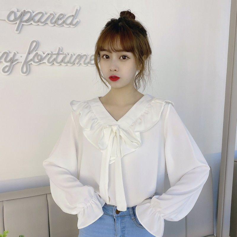 Naiste särgid Retro V-kaelusega Elegantne Bow Knot Flare Sleeve Kawaii Solid Pluusid 2020 Uus sügisene Korea stiilis lahtine vaba aeg iga päev