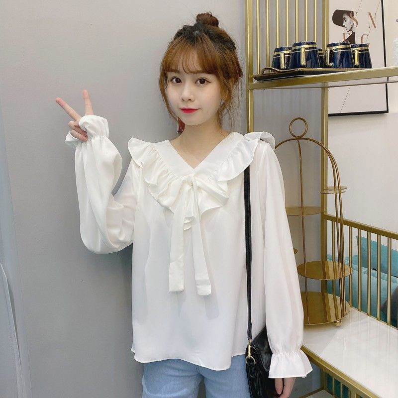 Naiste särgid Retro V-kaelusega Elegantne Bow Knot Flare Sleeve Kawaii Solid Pluusid 2020 Uus sügisene Korea stiilis lahtine vaba aeg iga päev