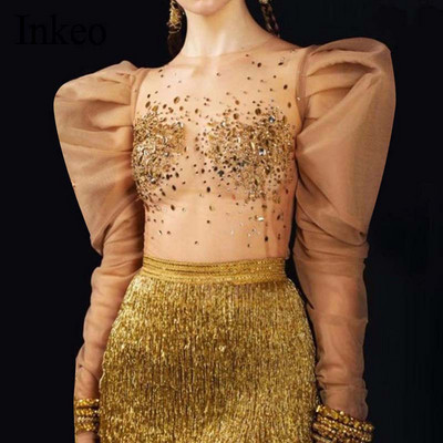 Szexi strasszos női organza felsők, felfújt ujjú, kerek nyakú női blúz luxus udvari stílusú Crop tops ing tavaszi INKEO 9T058