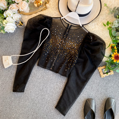 Seksi ženske majice od organze s puf rukavima i okruglim izrezom, ženska bluza luksuznog dvorskog stila, kratke majice, majice, proljetne INKEO 9T058