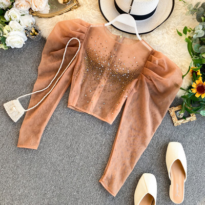 Seksi ženske majice od organze s puf rukavima i okruglim izrezom, ženska bluza luksuznog dvorskog stila, kratke majice, majice, proljetne INKEO 9T058