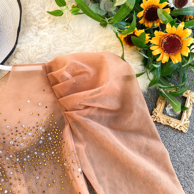 Seksi ženske majice od organze s puf rukavima i okruglim izrezom, ženska bluza luksuznog dvorskog stila, kratke majice, majice, proljetne INKEO 9T058