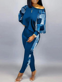 Jesen Zima Ženska odjeća s printom dugih rukava Modni gornji dio majice Dvodijelni set Ležerni O-izrez Top s otvorenim ramenima i komplet hlača Novo