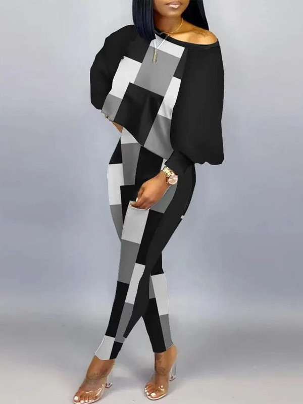 Jesen Zima Ženska odjeća s printom dugih rukava Modni gornji dio majice Dvodijelni set Ležerni O-izrez Top s otvorenim ramenima i komplet hlača Novo