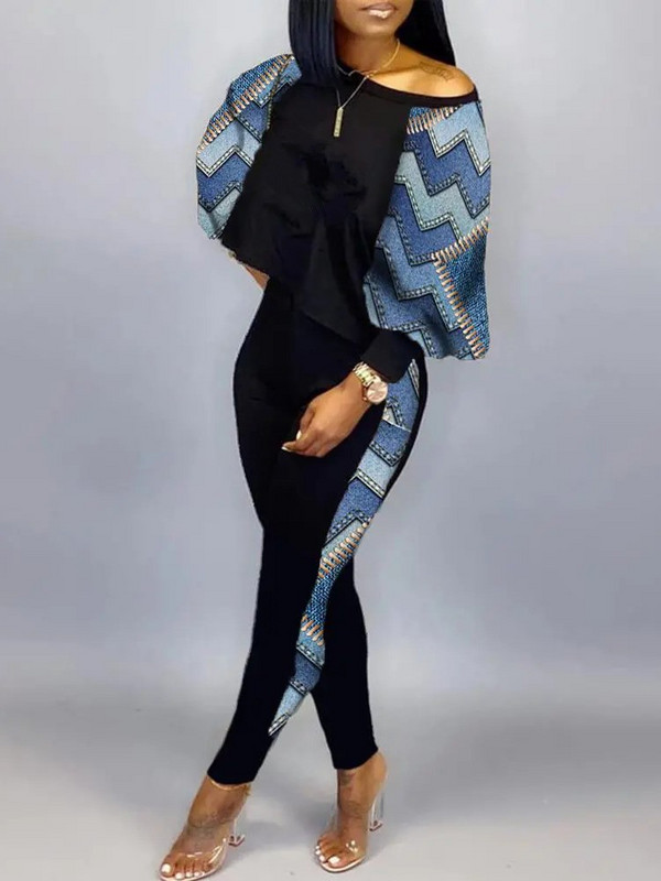 Jesen Zima Ženska odjeća s printom dugih rukava Modni gornji dio majice Dvodijelni set Ležerni O-izrez Top s otvorenim ramenima i komplet hlača Novo