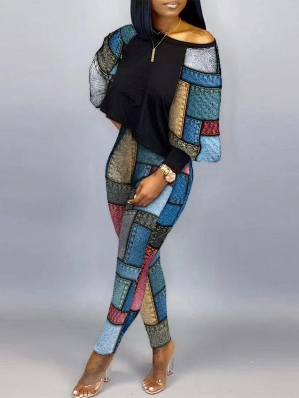 Jesen Zima Ženska odjeća s printom dugih rukava Modni gornji dio majice Dvodijelni set Ležerni O-izrez Top s otvorenim ramenima i komplet hlača Novo