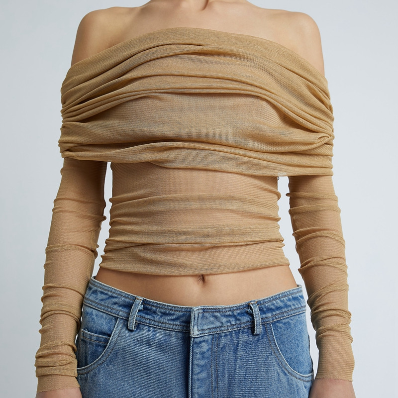 Gaono Višenamjenske mrežaste prozirne kratke majice Elegantna korejska majica s otvorenim ramenima Chic ženske dugih rukava uske majice za pokrivanje