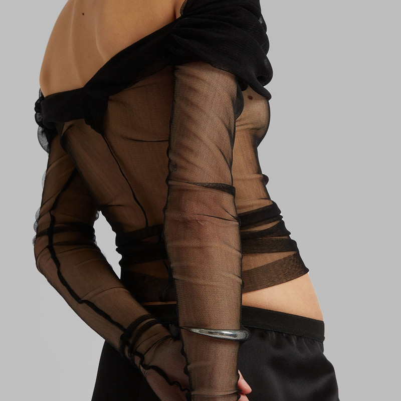 Gaono Višenamjenske mrežaste prozirne kratke majice Elegantna korejska majica s otvorenim ramenima Chic ženske dugih rukava uske majice za pokrivanje