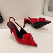 Ascuțit din piele lacuită cu cataramă cu flori Sandale de damă cu toc stiletto înalt de culoare solidă pantofi rochii eleganti pantofi de petrecere