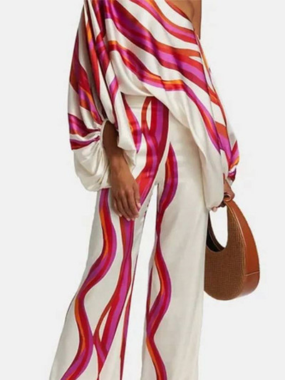 Žensko ležerno odijelo s printom od satena, modne majice s otvorenim ramenima i dugim hlačama, kompleti od 2 komada, proljeće 2023., široka odjeća za putovanje na posao